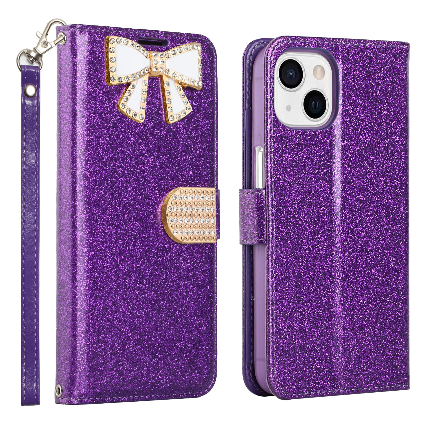 Ribbon Bow Crystal Diamond Flip Book Wallet Case for Apple iPHONE 13 [6.1] (Purple)