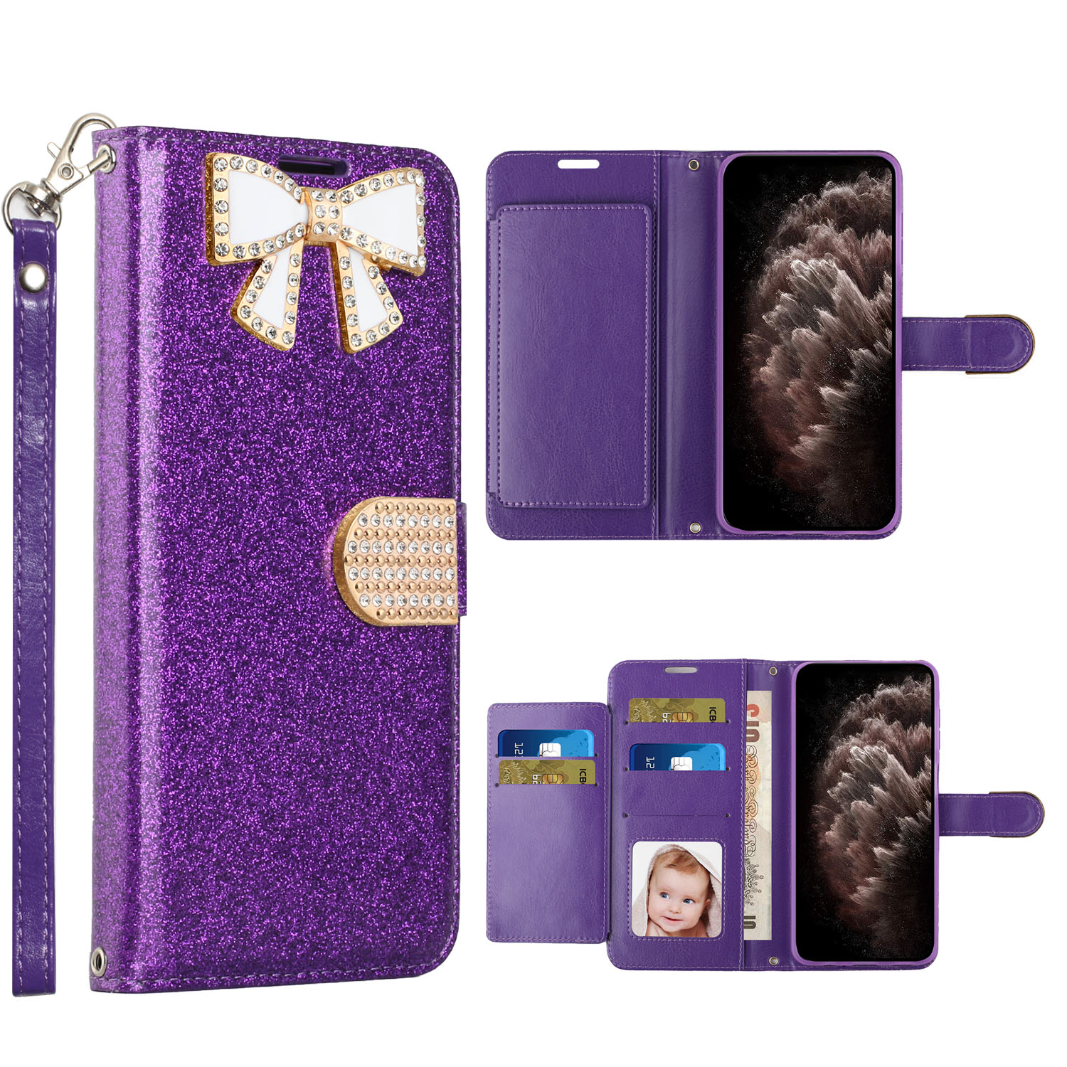 Ribbon Bow Crystal Diamond Flip BOOK Wallet Case for Apple iPhone 13 Pro [6.1] (Purple)