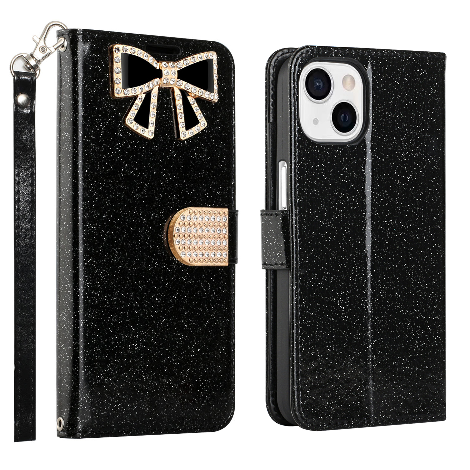 Ribbon Bow Crystal DIAMOND Flip Book Wallet Case for Apple iPhone 13 [6.1] (Black)