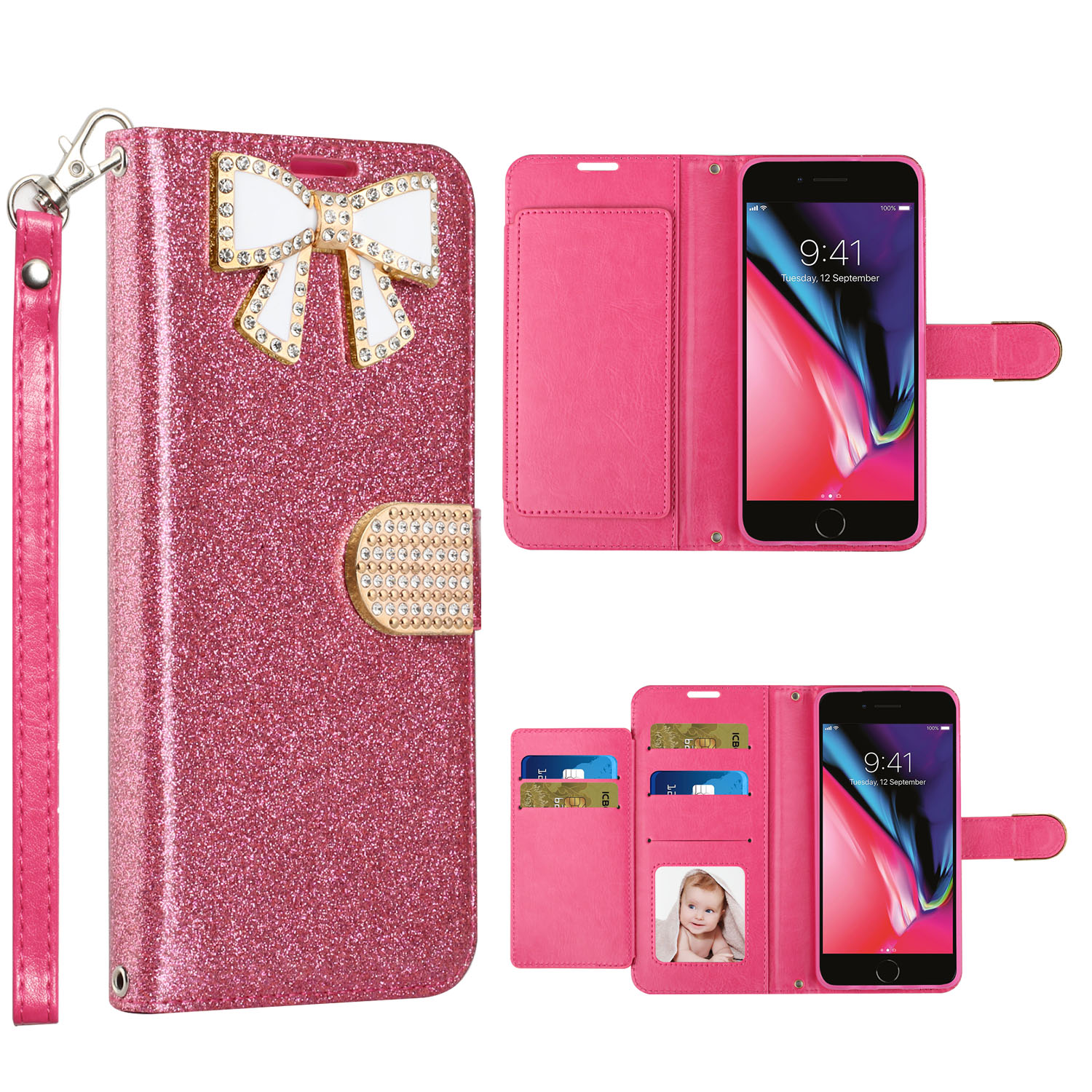 Ribbon Bow Crystal Diamond WALLET Case for Apple iPhone 8 Plus / 7 Plus (Hot Pink)