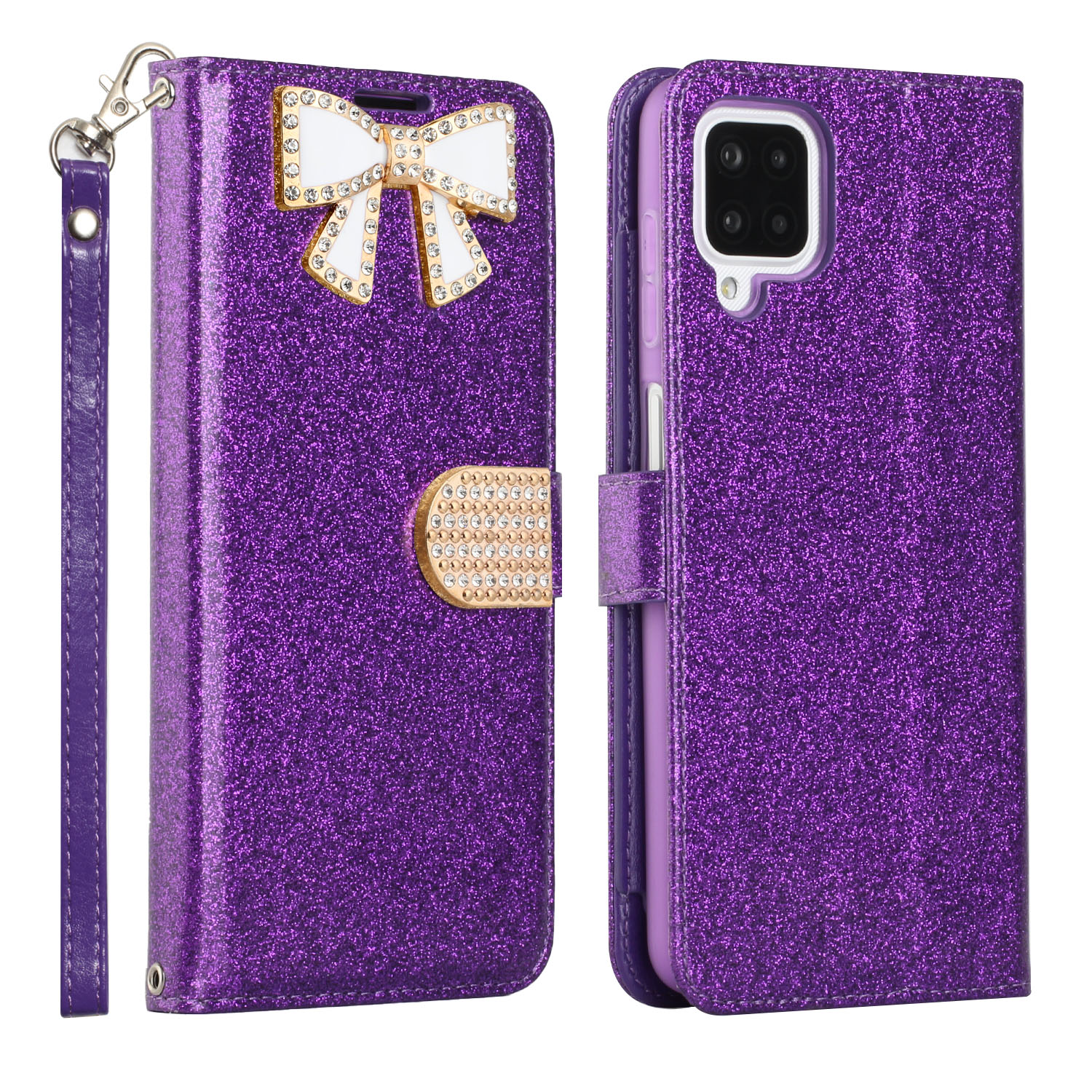 Ribbon Bow Crystal Diamond WALLET Case for Samsung Galaxy A22 4G (Purple)