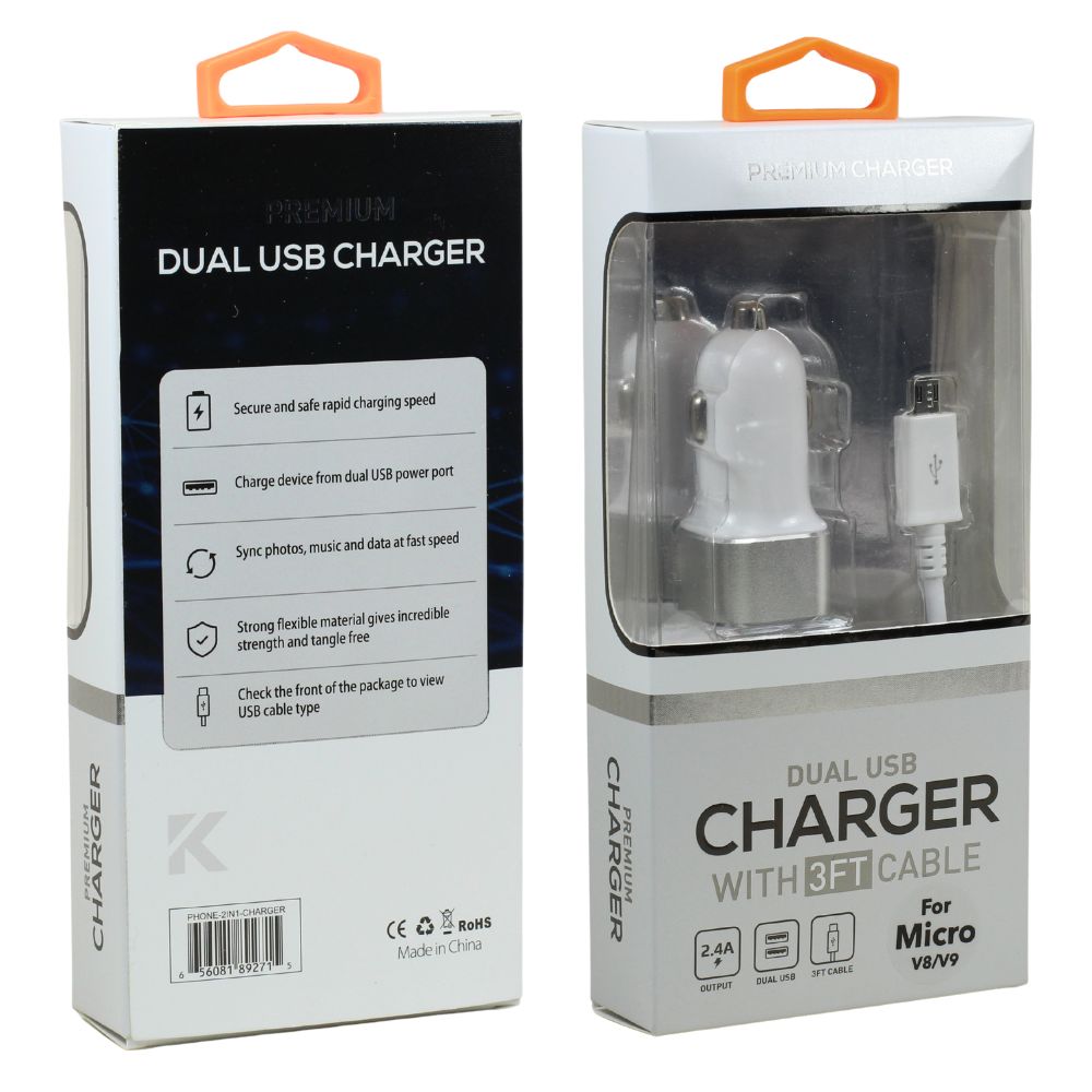 2in1 Car 2.4A (Dual) 2 Ports CHARGER with 3FT USB to Micro V8V9 Cable for Universal Cell Pho...