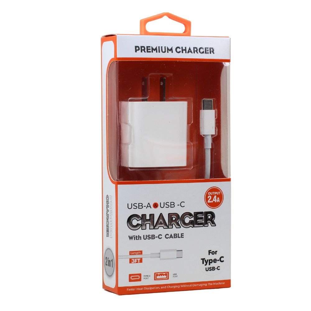 2-in-1 Dual USB Wall Charger with 3FT USB-C Cable for Universal Cell Phone, White